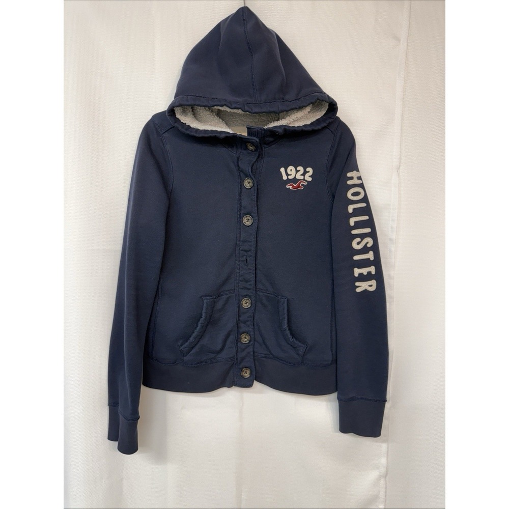 VTG Hollister Y2K Women Sz L Jacket Navy Blue Sherpa Hoodie Full Zip 1922 Logo
